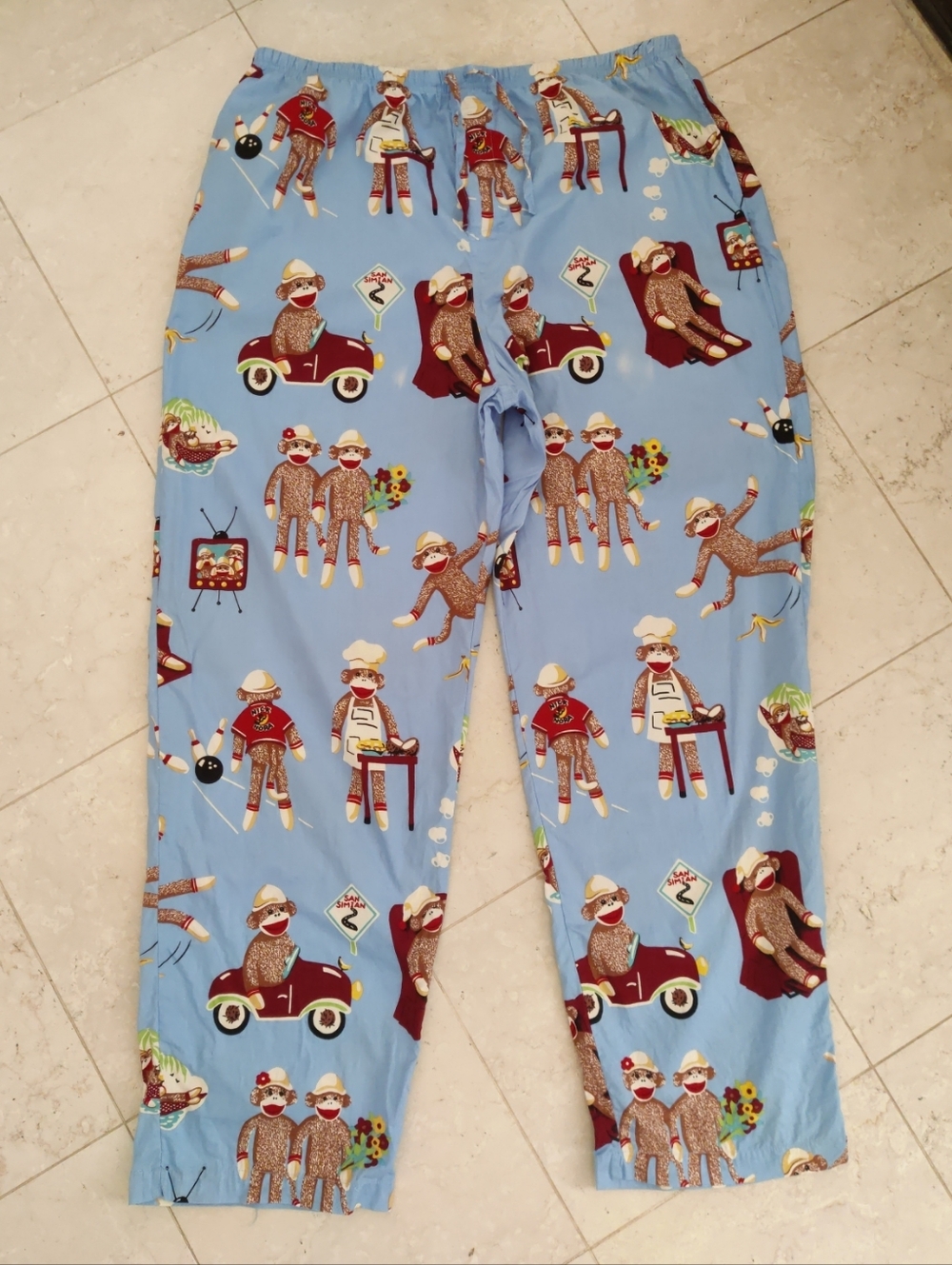 Nick & Nora Sock Monkeys Bowling TV Hanging Out Pajama Pants Large 🍌🍌